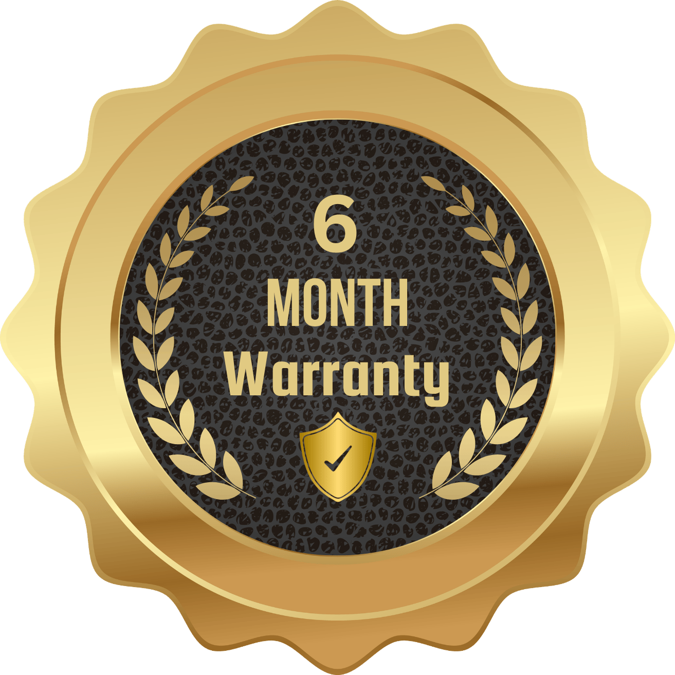 A gold seal badge with a scalloped border and a dark textured center reading '6 Month Warranty,' decorated with laurel branches and a small shield icon.