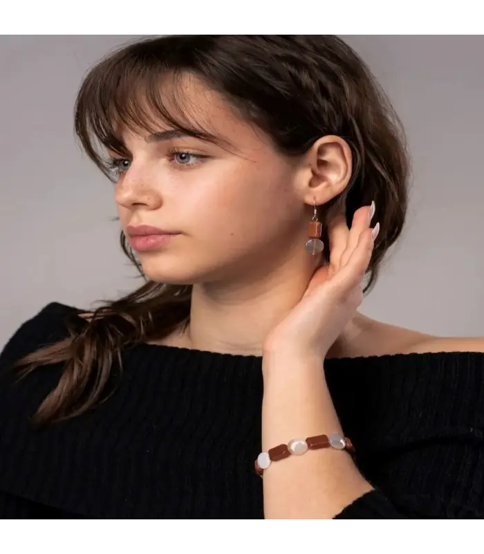 Model is wearing the Brown Goldstone and Agate Bracelet set.