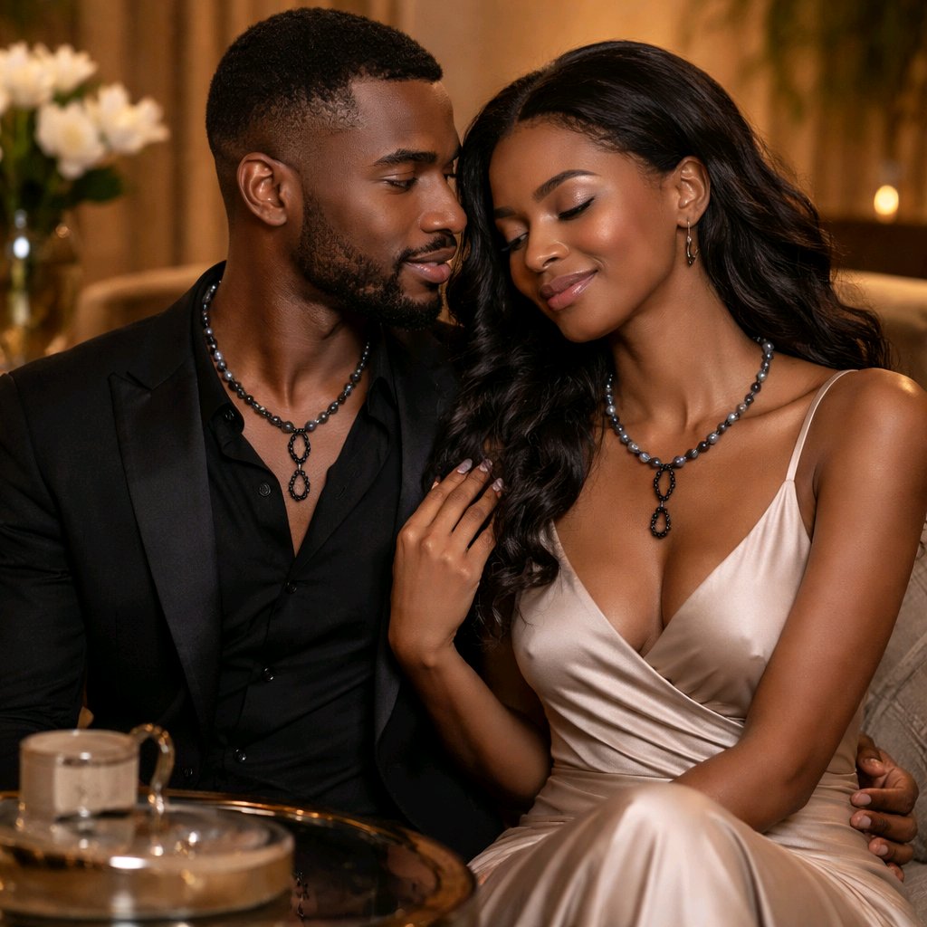 Couple in formal attire sitting close together in a warm, indoor setting and wearing matching necklaces.