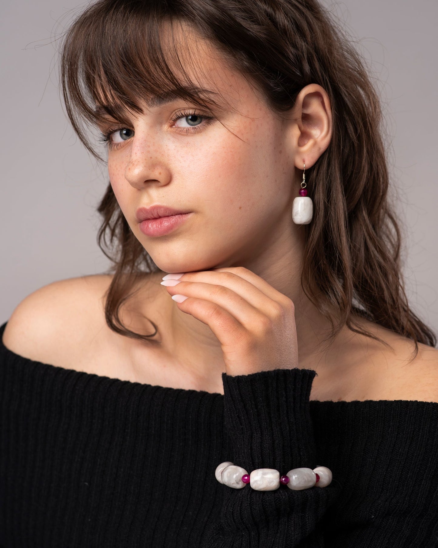 Bundled Set Marble Faceted Glass Bracelet and Earrings - Bundled Set
