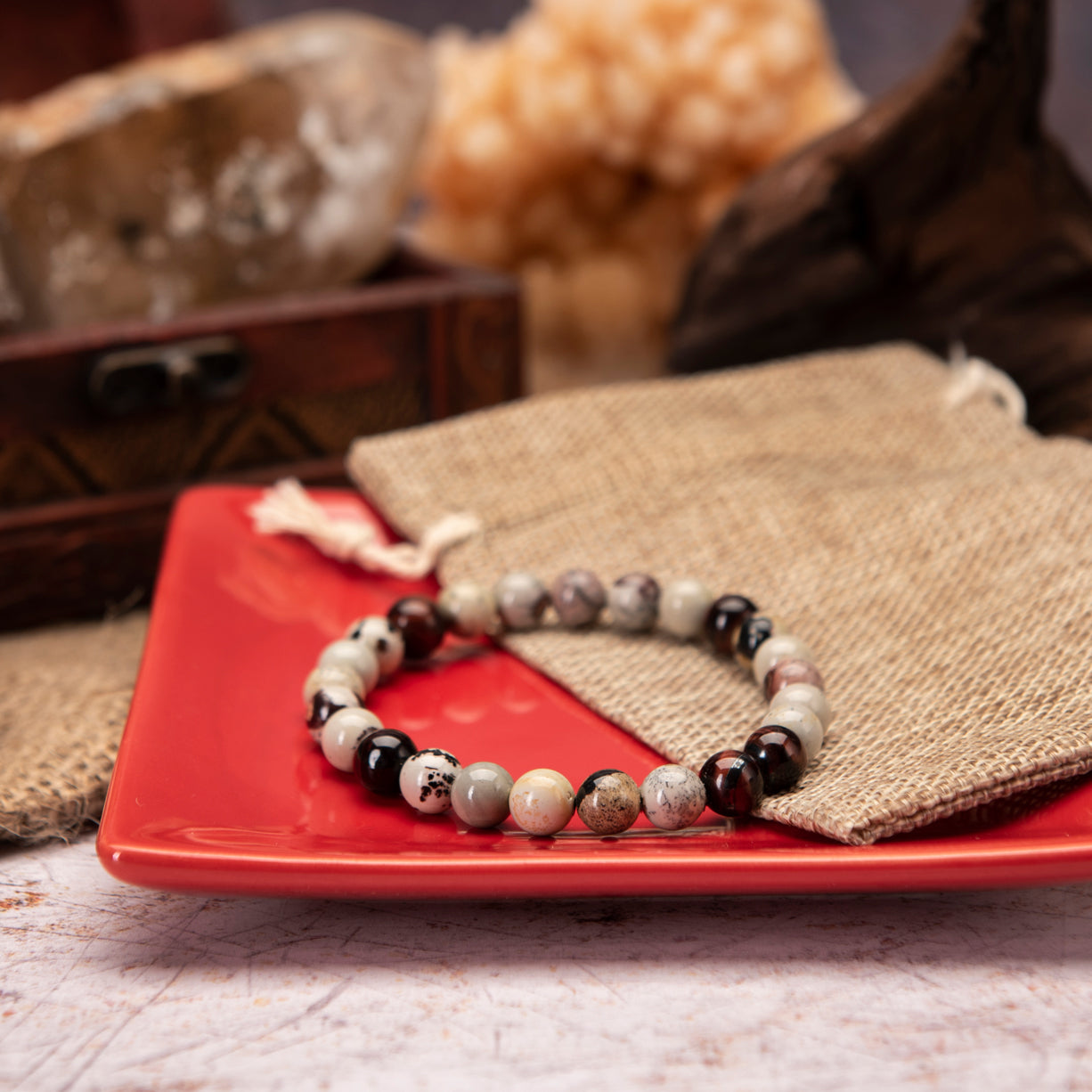 Men's Red Tigers Eye & Jasper Bracelet