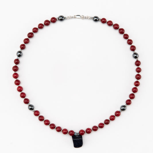 Red Coral and Blue Goldstone Pendant Necklace