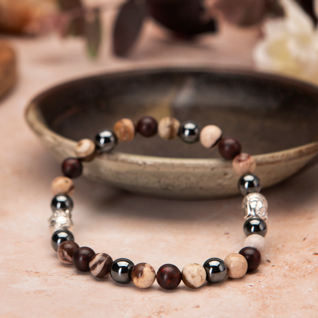 Men's Zebra and Red Brecciated Jasper Buddha Bracelet