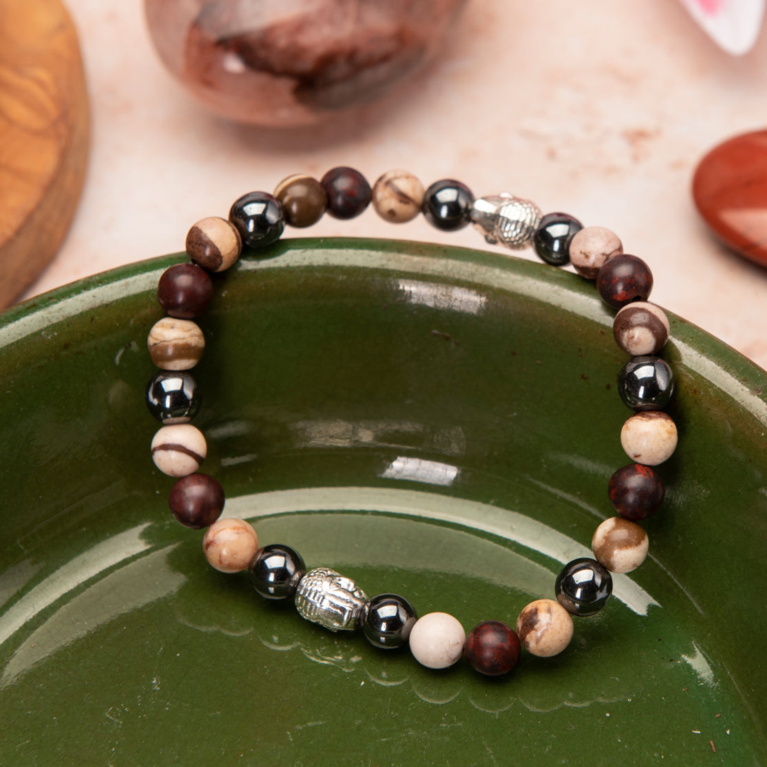 Men's Zebra and Red Brecciated Jasper Buddha Bracelet