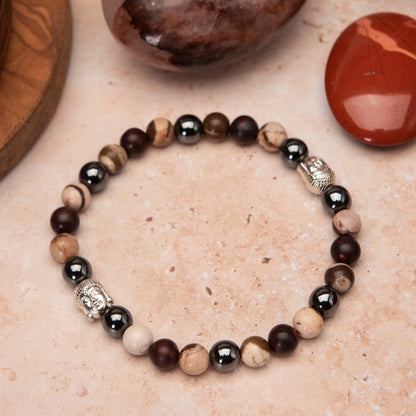 Men's Zebra and Red Brecciated Jasper Buddha Bracelet