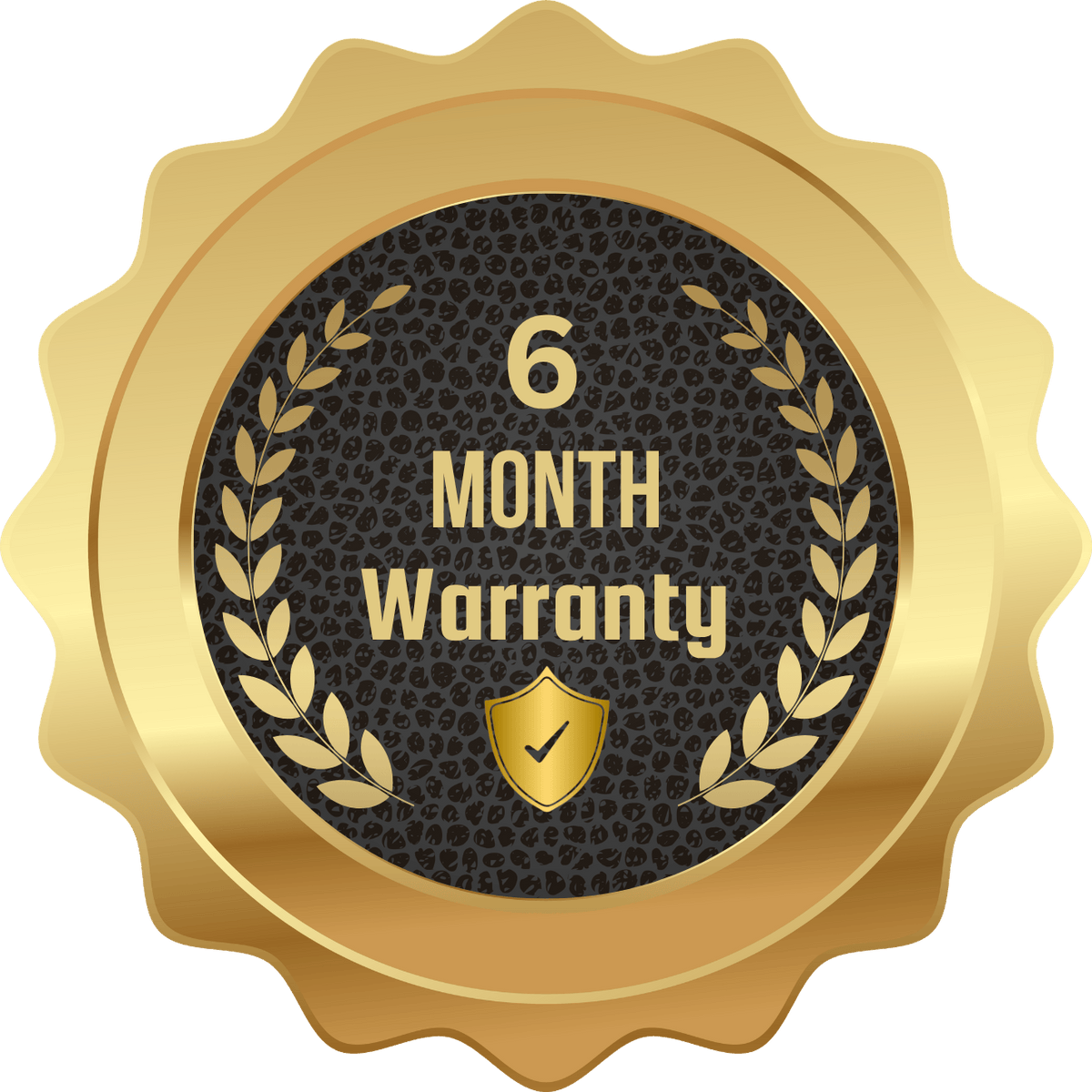 A gold seal badge with a scalloped border and a dark textured center reading '6 Month Warranty,' decorated with laurel branches and a small shield icon.