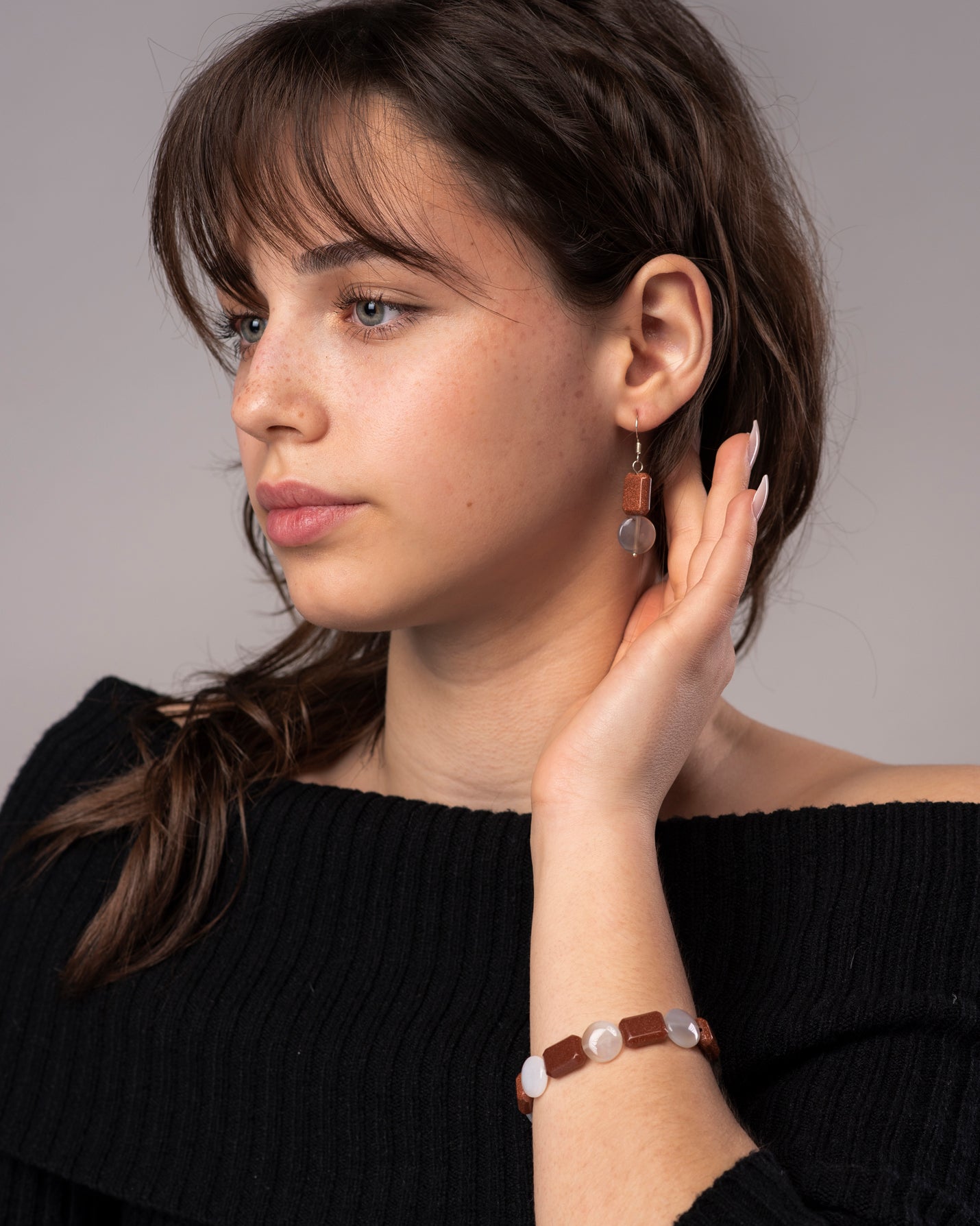 Brown Goldstone and Agate Earrings