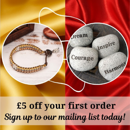 Bracelet and stones with motivational words on a gold and red background with promotional text.