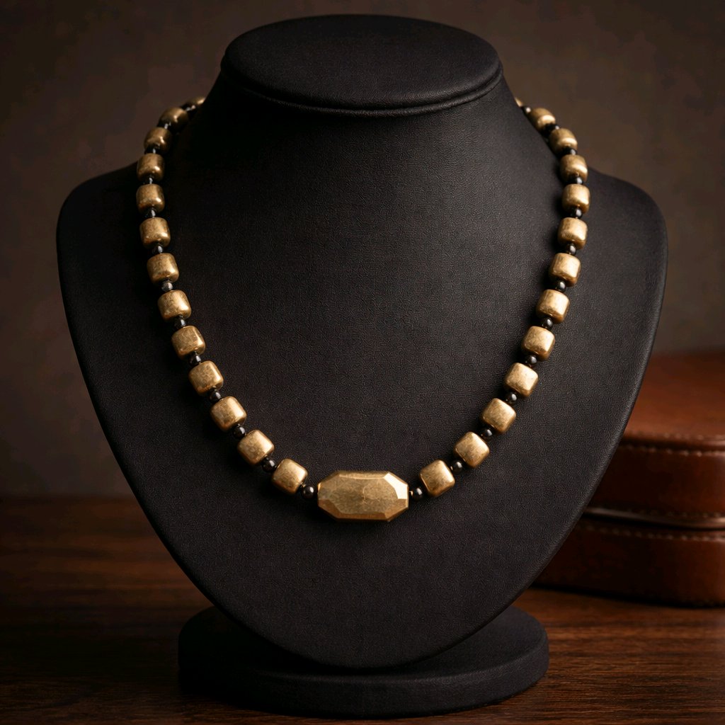 Gold men's necklace made of square pyrite and round black agate beads on a black background.
