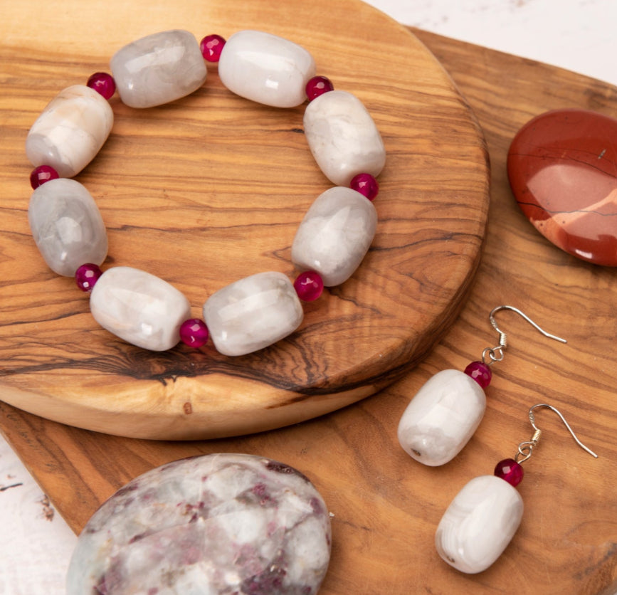 Bundled Set Marble Faceted Glass Bracelet and Earrings - Bundled Set