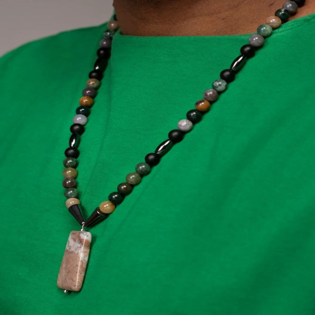 Man wearing the Agate Slab Necklace for men.