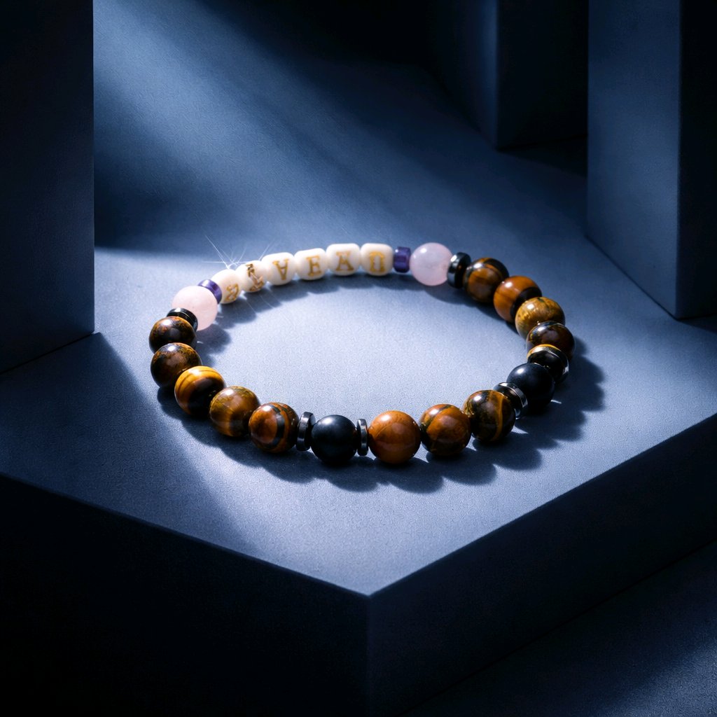 Multicolored beaded bracelet on a blue surface with light shining on them.