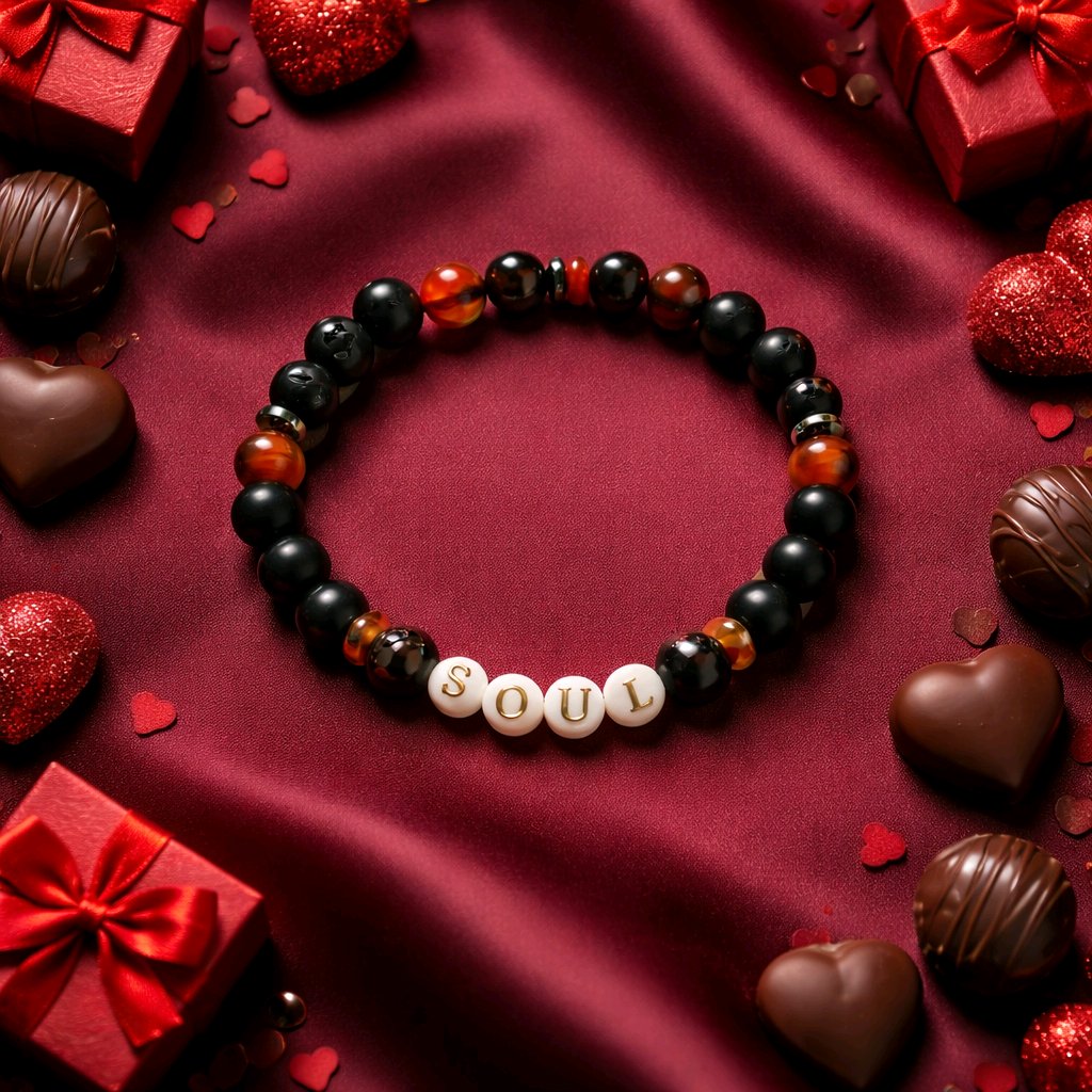 Beaded bracelet with the words 'SOUL' on a red fabric background with chocolates and gifts.