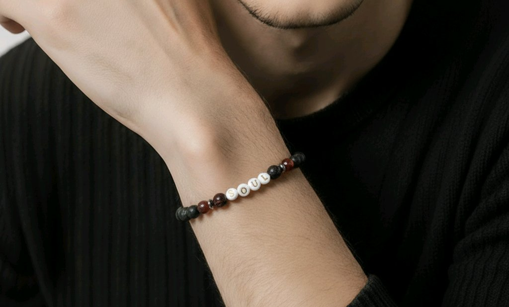 Person wearing a bracelet with beads on a dark background