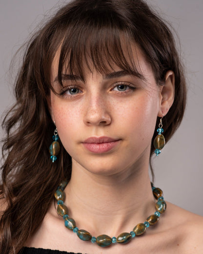 Porcelain Faceted Blue Earrings and Necklace set