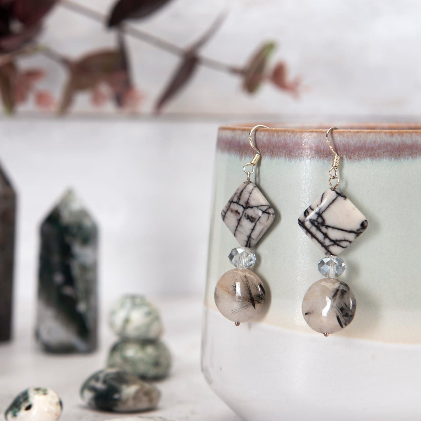 Earrings Spider Web Jasper and Tourmalated Quartz Earrings