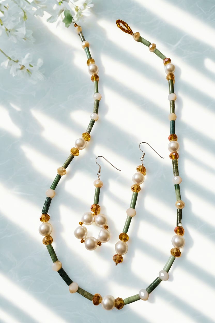 Bundled Set TUBES Collection Bundle: Asymmetrical Moss Pearl Necklace and Earrings