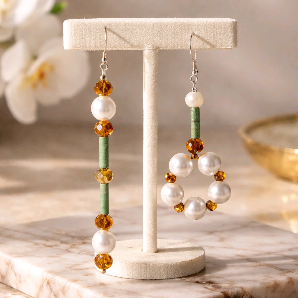 Earrings on a T bar with flowers in the background.