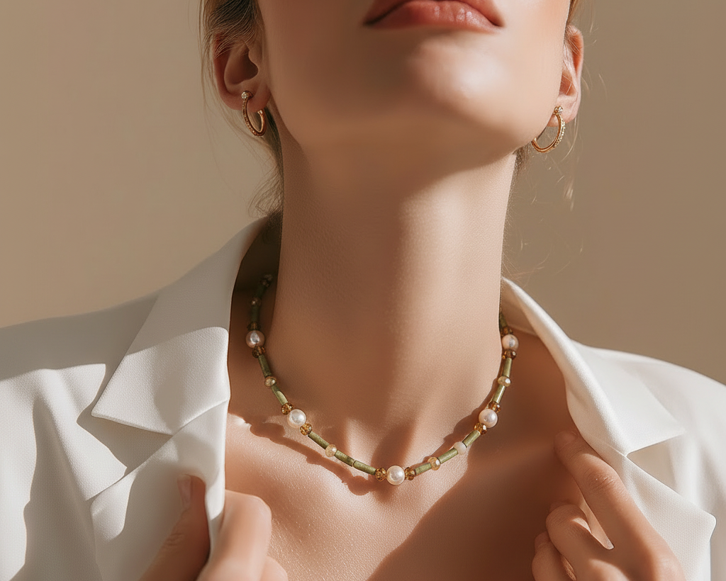 Woman wearing a Tubes Collection necklace and holding her collar.